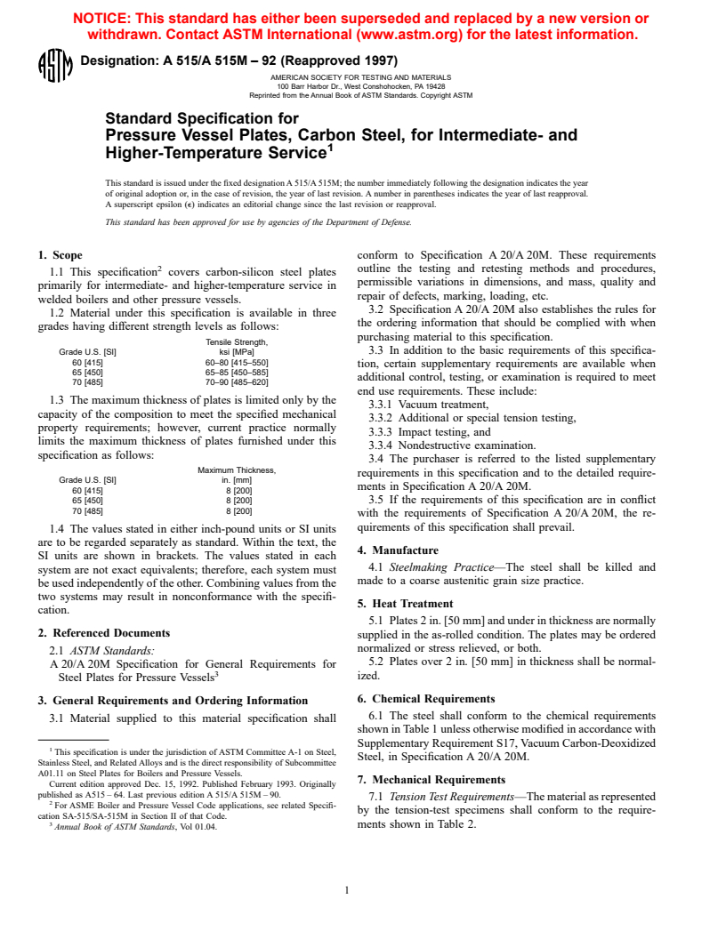 ASTM A515/A515M-92(1997) - Standard Specification for Pressure Vessel Plates, Carbon Steel, for Intermediate- and Higher-Temperature Service