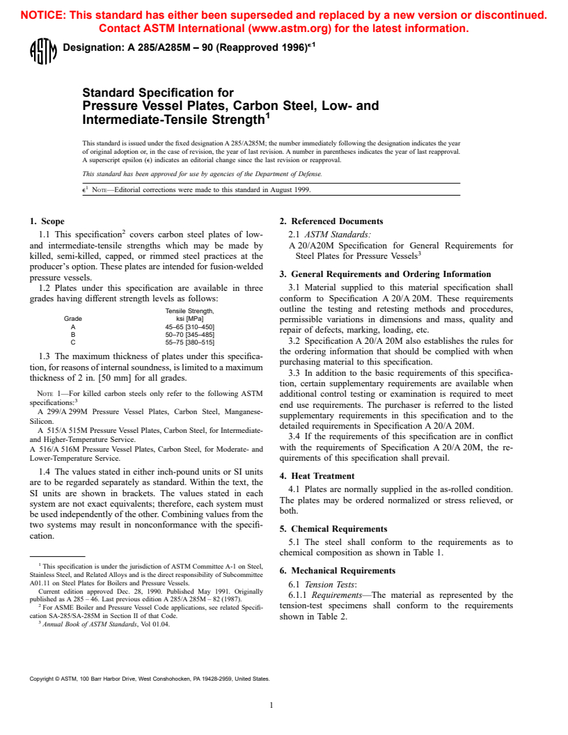 ASTM A285/A285M-90(1996)e1 - Standard Specification for Pressure Vessel Plates, Carbon Steel, Low- and Intermediate-Tensile Strength