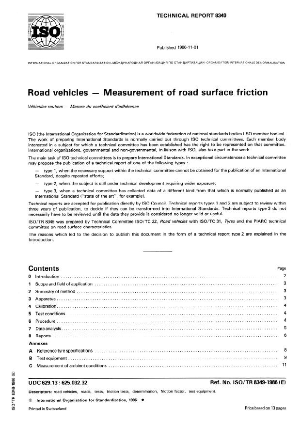 ISO/TR 8349:1986 - Road vehicles -- Measurement of road surface friction