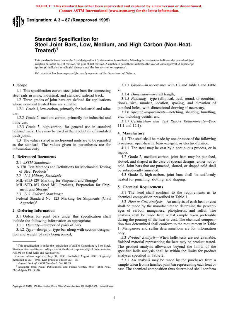 ASTM A3-87(1995) - Standard Specification for Steel Joint Bars, Low, Medium, and High Carbon (Non-Heat-Treated)