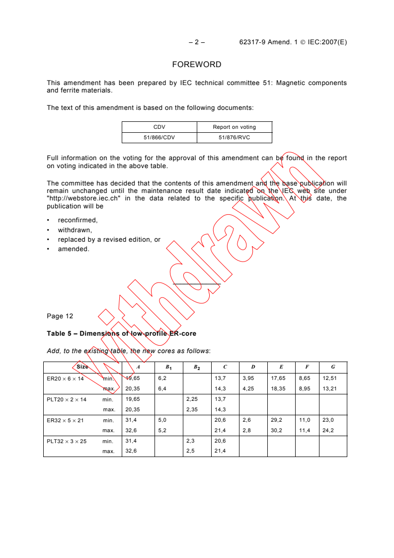 IEC 62317-9:2006/AMD1:2007 IEC 62317-9:2006/AMD1:2007 - Amendment 1 - Ferrite cores - Dimensions - Part 9: Planar cores
Released:2/20/2007
Isbn:2831890446 - Page 2 preview