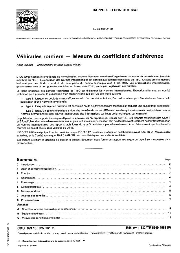 ISO/TR 8349:1986 - Véhicules routiers -- Mesure du coefficient d'adhérence