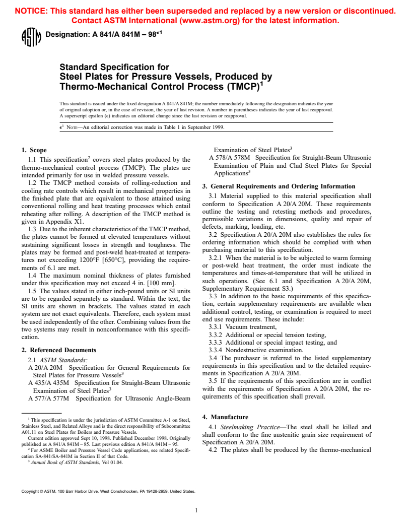 ASTM A841/A841M-98e1 - Standard Specification for Steel Plates for Pressure Vessels, Produced by Thermo-Mechanical Control Process (TMCP)