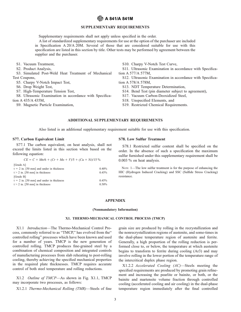 ASTM A841/A841M-98e1 - Standard Specification for Steel Plates for Pressure Vessels, Produced by Thermo-Mechanical Control Process (TMCP)