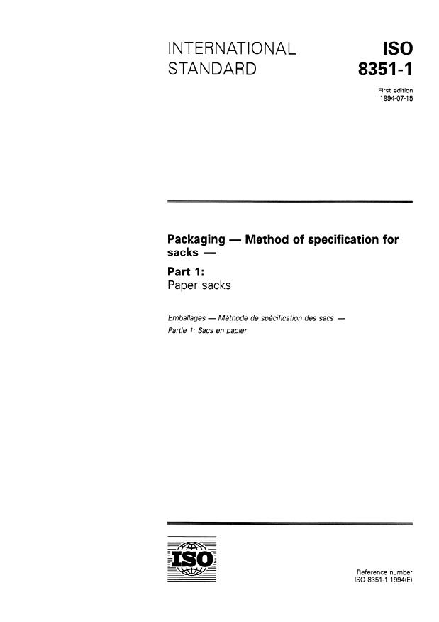 ISO 8351-1:1994 - Packaging -- Method of specification for sacks