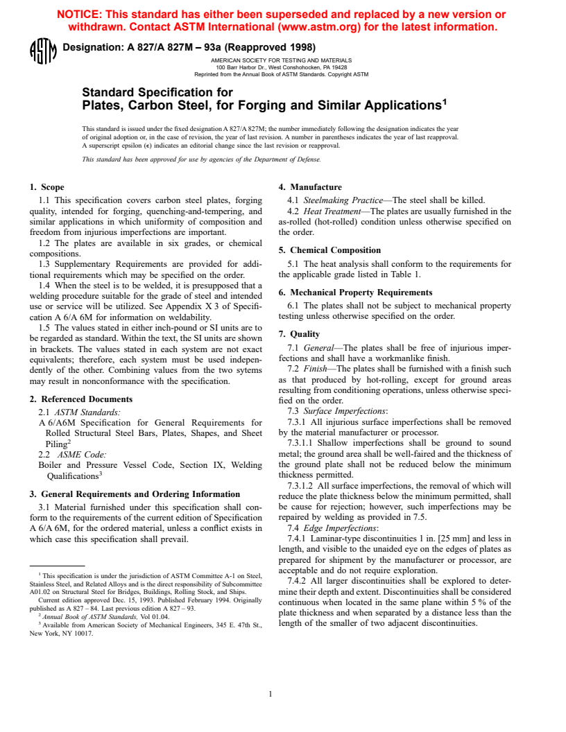 ASTM A827/A827M-93a(1998) - Standard Specification for Plates, Carbon Steel, for Forging and Similar Applications