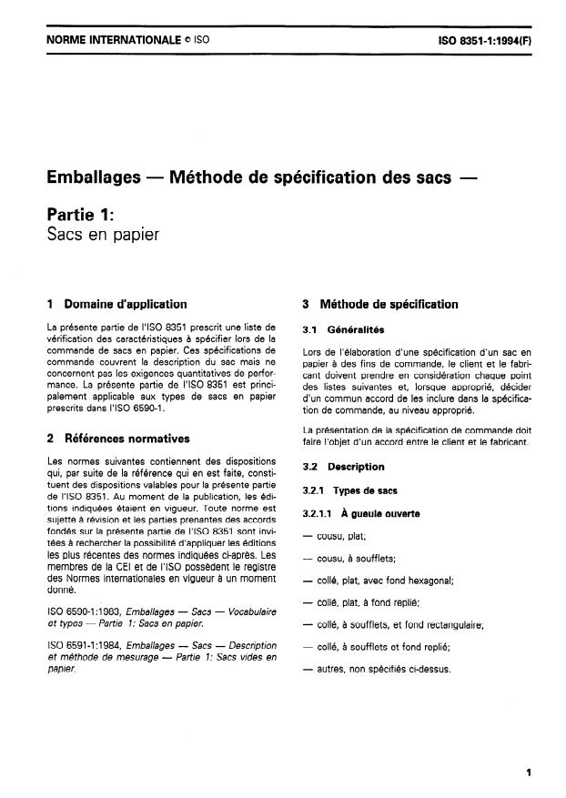 ISO 8351-1:1994 - Emballages -- Méthode de spécification des sacs
