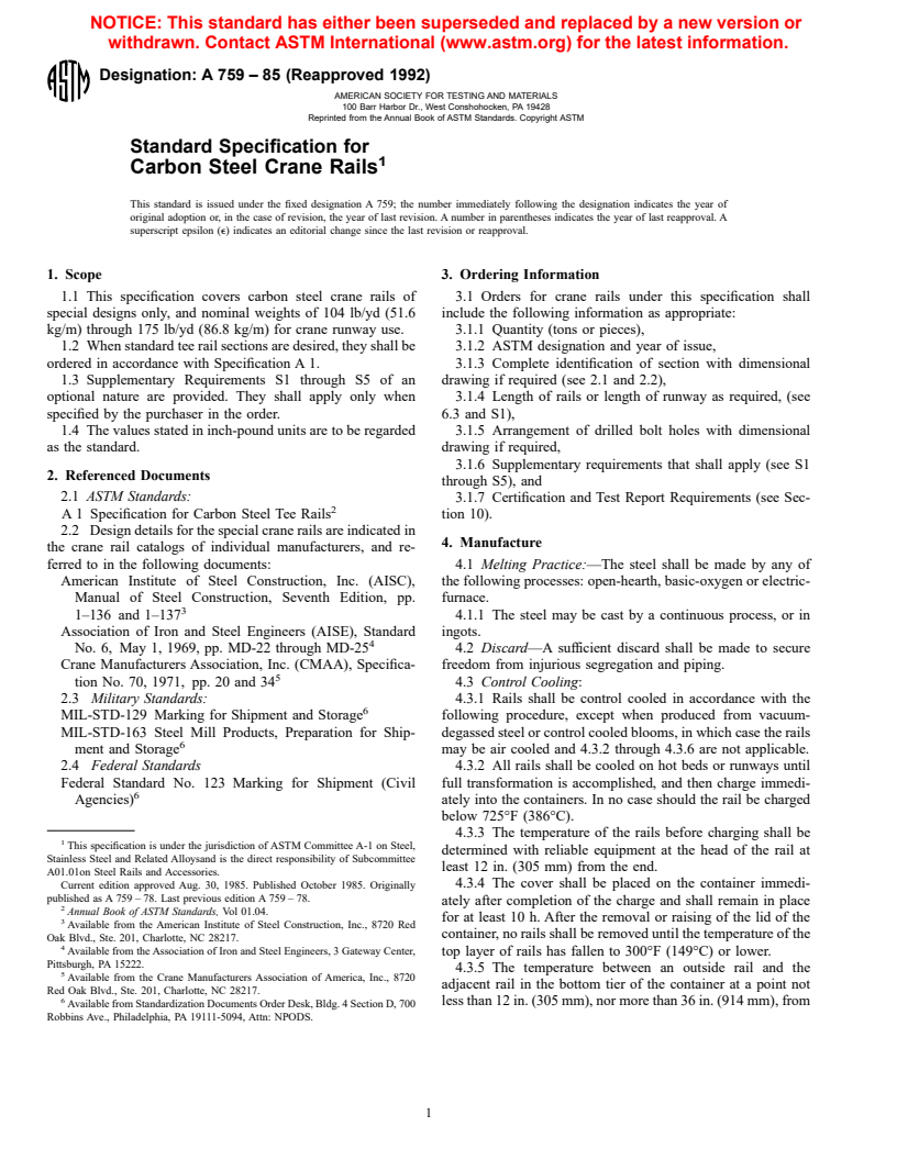 ASTM A759-85(1992) - Standard Specification for Carbon Steel Crane Rails