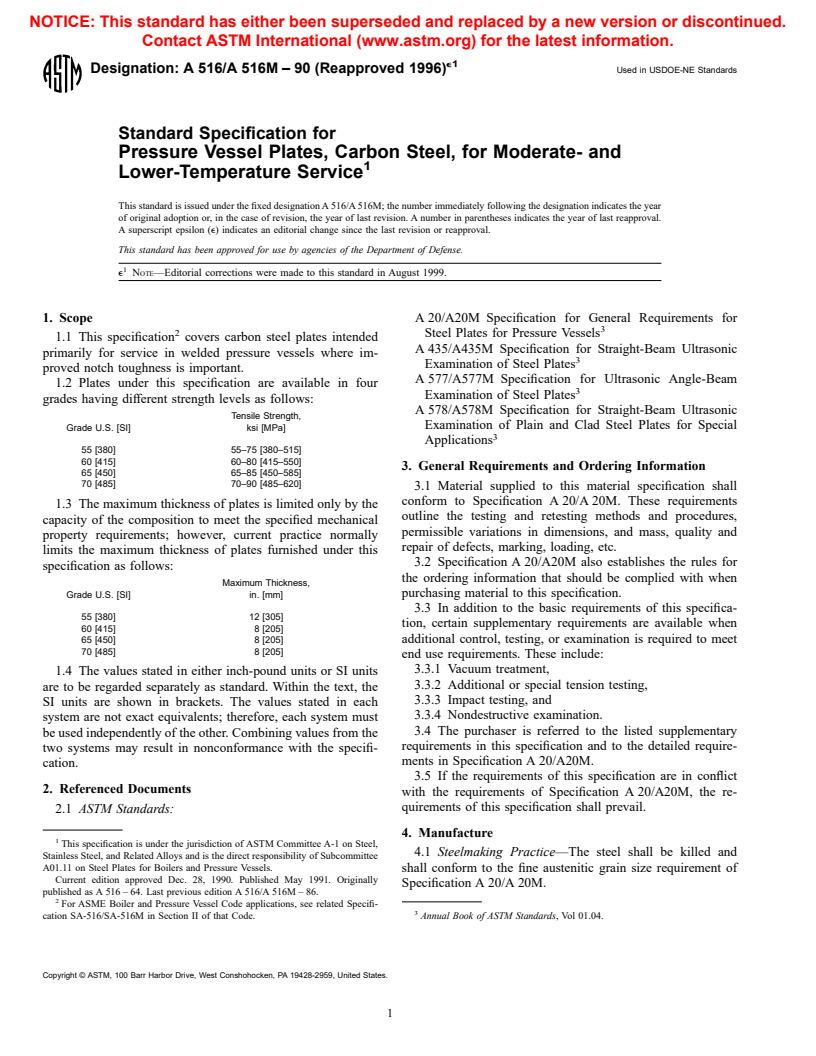 ASTM A516/A516M-90(1996)e1 - Standard Specification for Pressure Vessel Plates, Carbon Steel, for Moderate- and Lower-Temperature Service