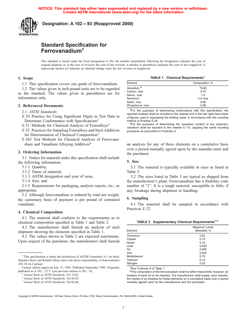 ASTM A102-93(2000) - Standard Specification for Ferrovanadium