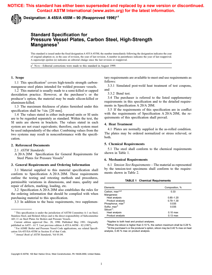 ASTM A455/A455M-90(1996)e1 - Standard Specification for Pressure Vessel Plates, Carbon Steel, High-Strength Manganese