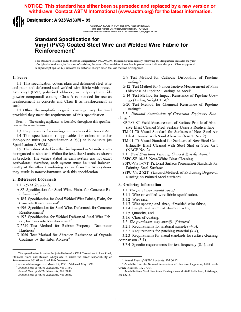 ASTM A933/A933M-95 - Standard Specification for Vinyl (PVC) Coated Steel Wire and Welded Wire Fabric for Reinforcement