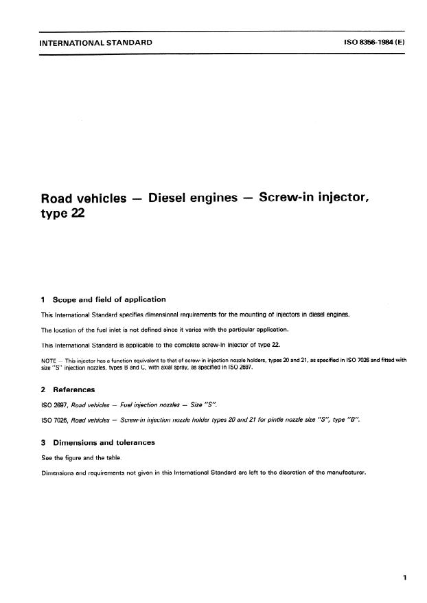 ISO 8356:1984 - Road vehicles -- Diesel engines -- Screw-in injector, type 22