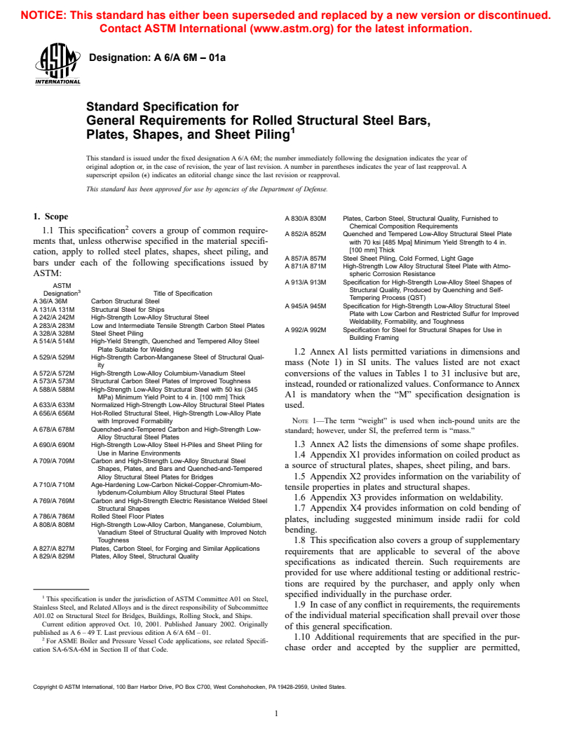 ASTM A6/A6M-01a - Standard Specification for General Requirements for Rolled Structural Steel Bars, Plates, Shapes, and Sheet Piling