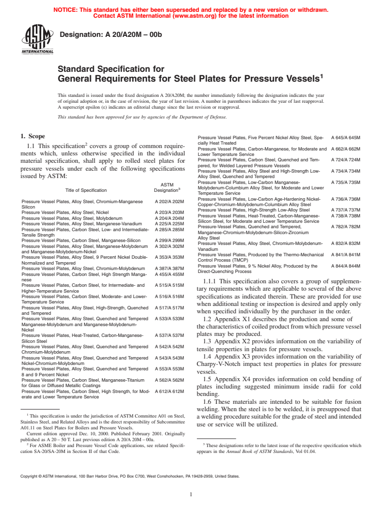 ASTM A20/A20M-00b - Standard Specification for General Requirements for Steel Plates for Pressure Vessels