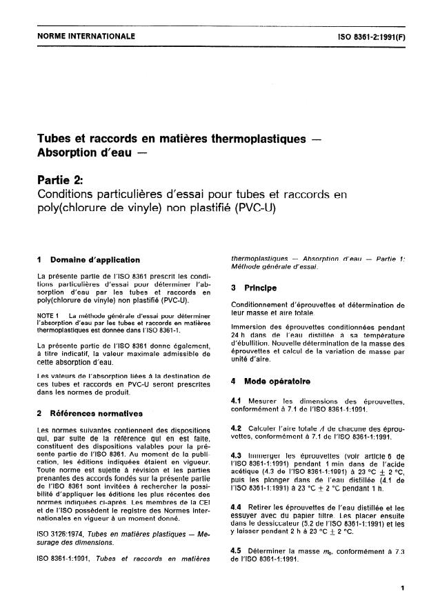 ISO 8361-2:1991 - Tubes et raccords en matieres thermoplastiques -- Absorption d'eau
