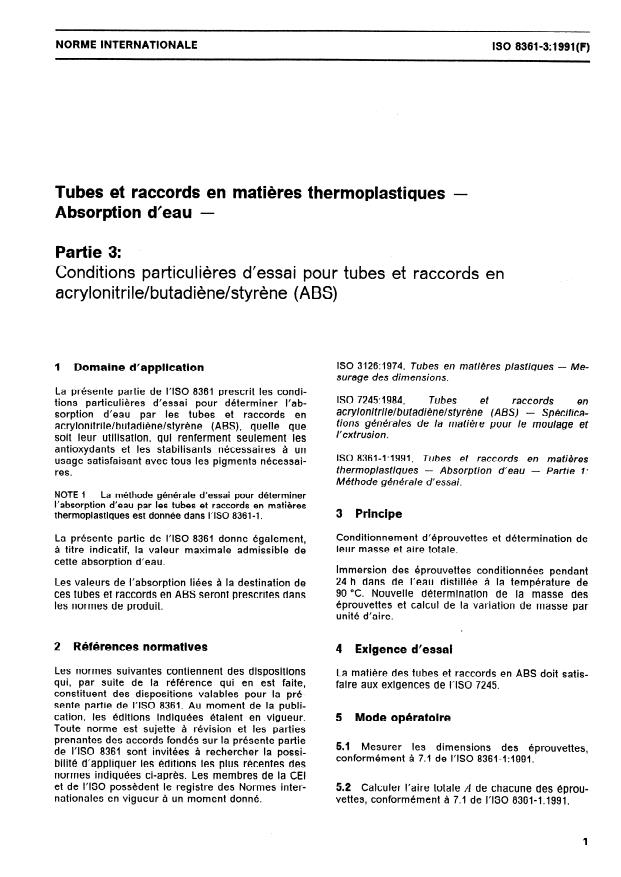 ISO 8361-3:1991 ISO 8361-3:1991 - Tubes et raccords en matieres thermoplastiques -- Absorption d'eau - Page 3 preview