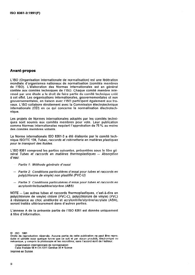 ISO 8361-3:1991 ISO 8361-3:1991 - Tubes et raccords en matieres thermoplastiques -- Absorption d'eau - Page 2 preview