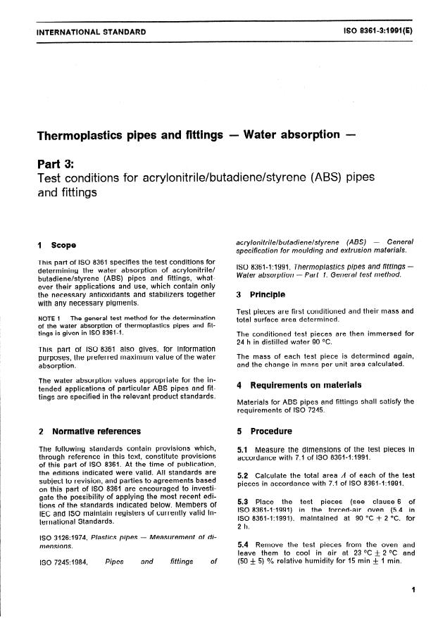 ISO 8361-3:1991 ISO 8361-3:1991 - Thermoplastics pipes and fittings -- Water absorption - Page 3 preview