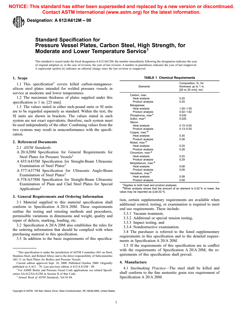 ASTM A612/A612M-00 - Standard Specification for Pressure Vessel Plates, Carbon Steel, High Strength, for Moderate and Lower Temperature Service