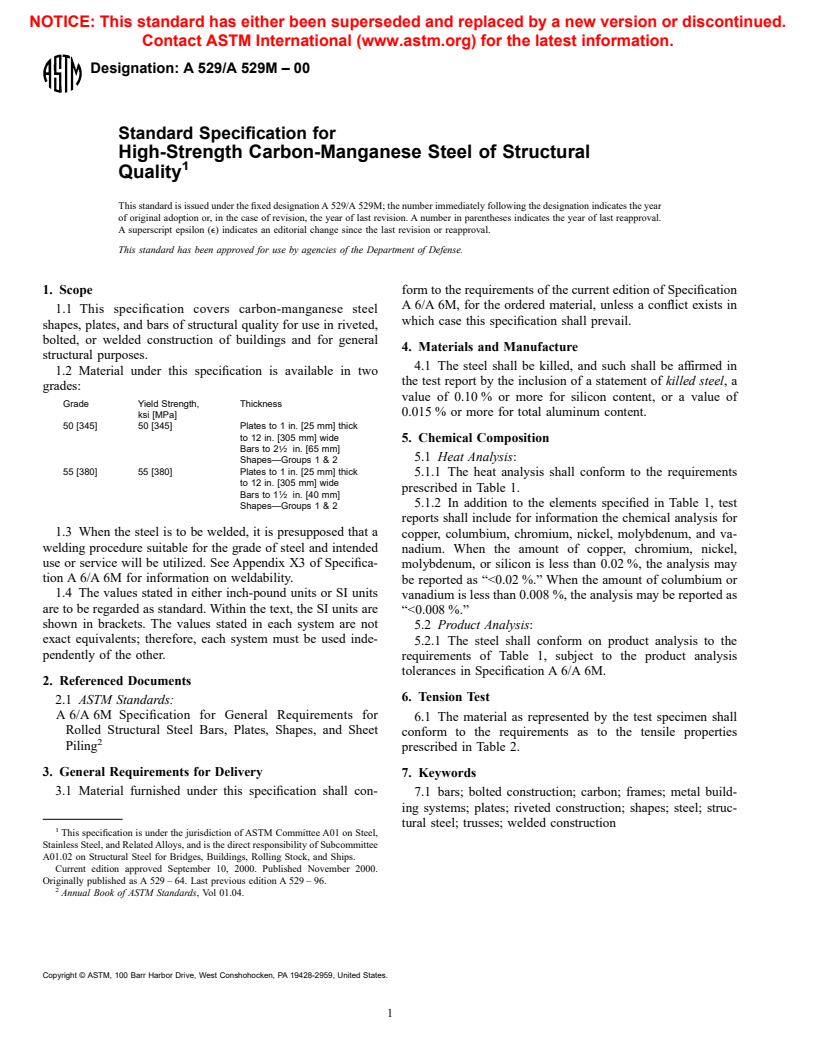 ASTM A529/A529M-00 - Standard Specification for High-Strength Carbon-Manganese Steel of Structural Quality