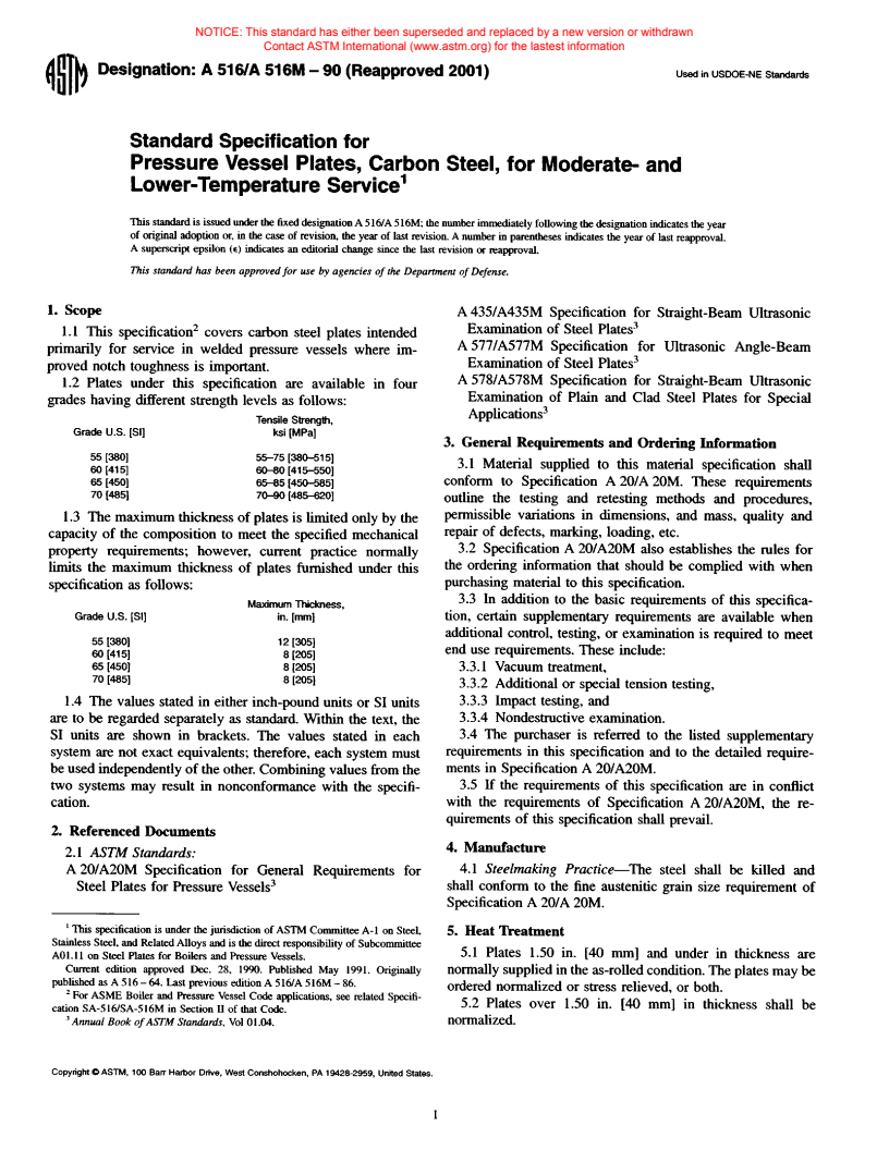 ASTM A516/A516M-90(2001) - Standard Specification for Pressure Vessel Plates, Carbon Steel, for Moderate- and Lower-Temperature Service