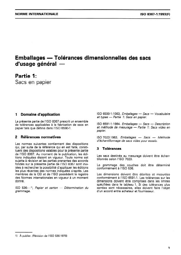 ISO 8367-1:1993 - Emballages -- Tolérances dimensionnelles des sacs d'usage général