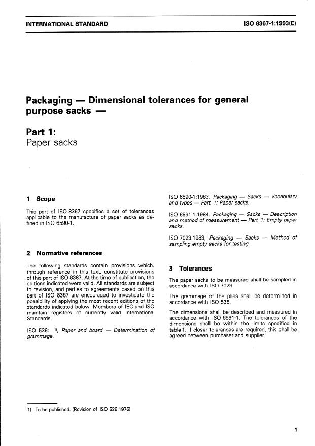 ISO 8367-1:1993 - Packaging -- Dimensional tolerances for general purpose sacks