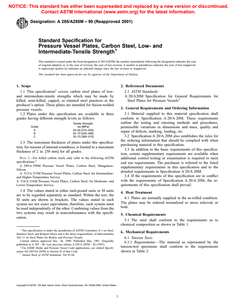 ASTM A285/A285M-90(2001) - Standard Specification for Pressure Vessel Plates, Carbon Steel, Low- and Intermediate-Tensile Strength