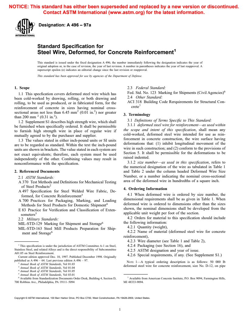 ASTM A496-97a - Standard Specification for Steel Wire, Deformed, for Concrete Reinforcement