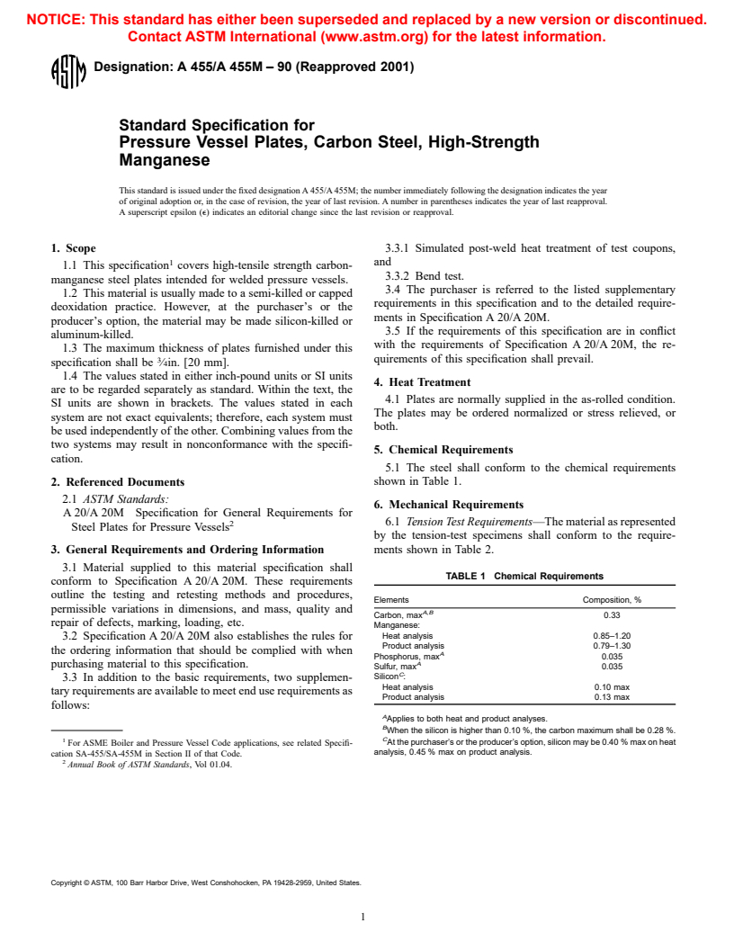 ASTM A455/A455M-90(2001) - Standard Specification for Pressure Vessel Plates, Carbon Steel, High-Strength Manganese