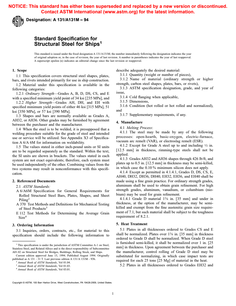 ASTM A131/A131M-94 - Standard Specification for Structural Steel for Ships