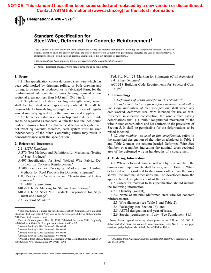 ASTM A496-97ae1 - Standard Specification for Steel Wire, Deformed, for Concrete Reinforcement
