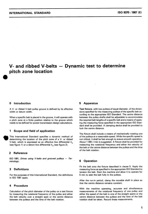 ISO 8370:1987 - V- and ribbed V-belts -- Dynamic test to determine pitch zone location