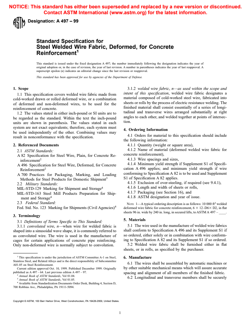 ASTM A497-99 - Standard Specification for Steel Welded Wire Reinforcement, Deformed, for Concrete