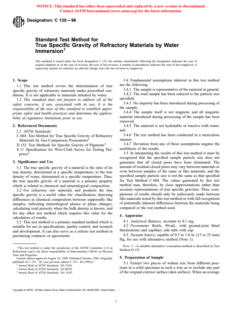 ASTM C135-96 - Standard Test Method for True Specific Gravity of Refractory Materials by Water Immersion