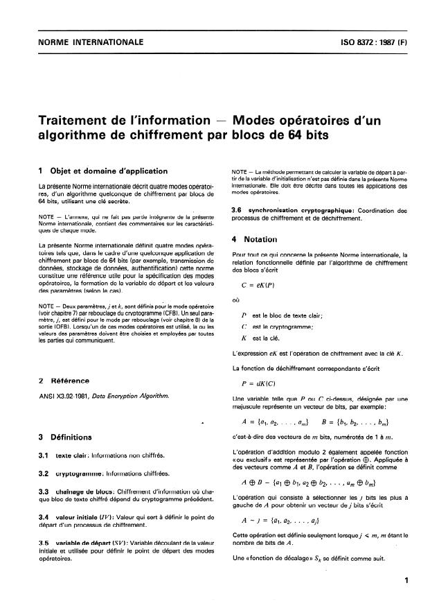 ISO 8372:1987 - Traitement de l'information -- Modes opératoires d'un algorithme de chiffrement par blocs de 64 bits