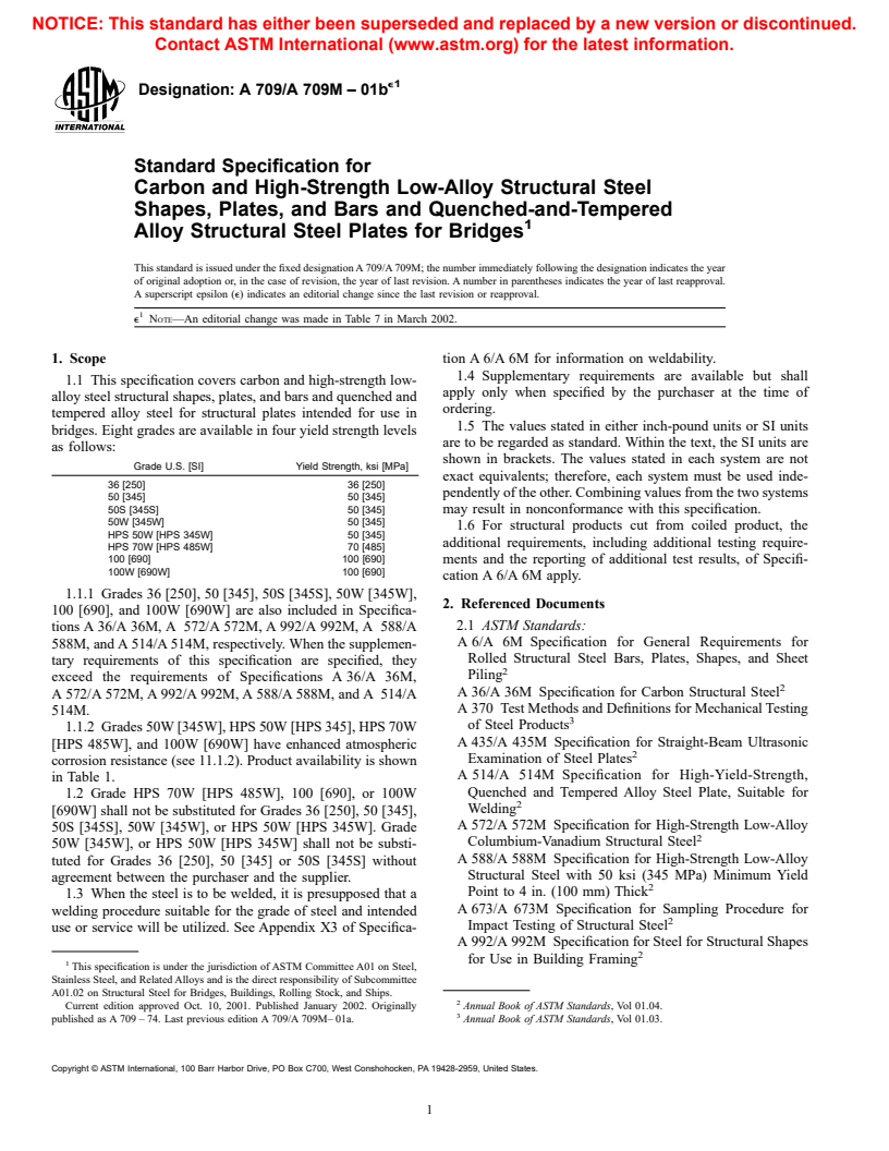 ASTM A709/A709M-01be1 - Standard Specification for Carbon and High-Strength Low-Alloy Structural Steel Shapes, Plates, and Bars and Quenched-and-Tempered Alloy Structural Steel Plates for Bridges