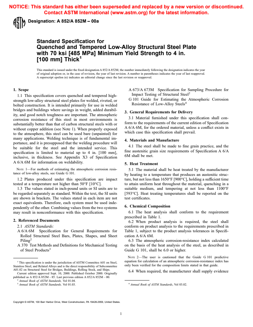 ASTM A852/A852M-00a - Standard Specification for Quenched and Tempered Low-Alloy Structural Steel Plate with 70 ksi [485 MPa] Minimum Yield Strength to 4 in. [100 mm] Thick