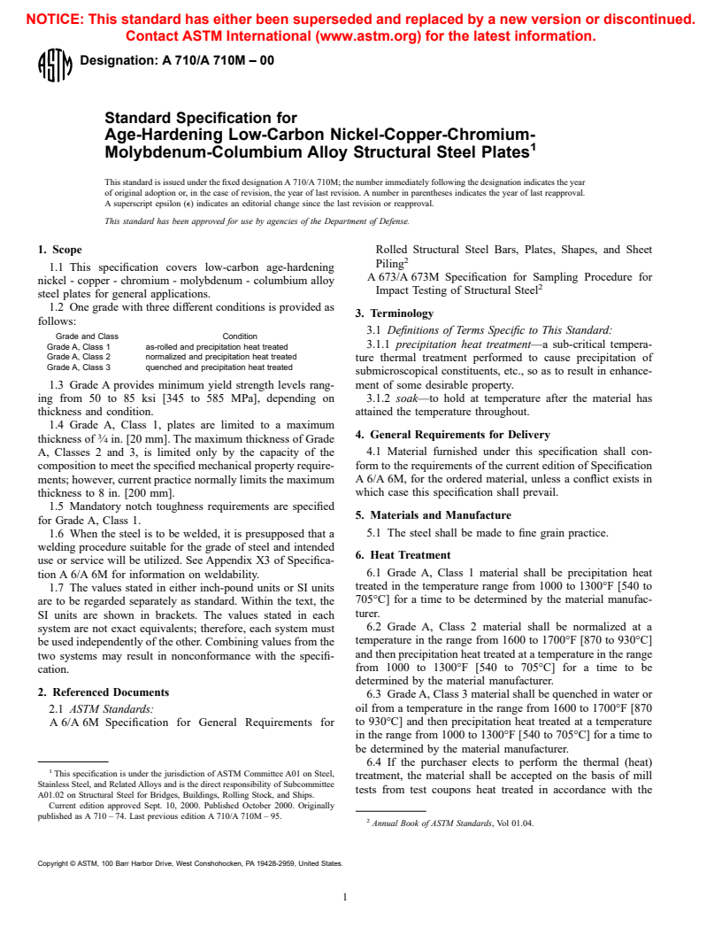 ASTM A710/A710M-00 - Standard Specification for Age-Hardening Low-Carbon Nickel-Copper-Chromium-Molybdenum-Columbium Alloy Structural Steel Plates