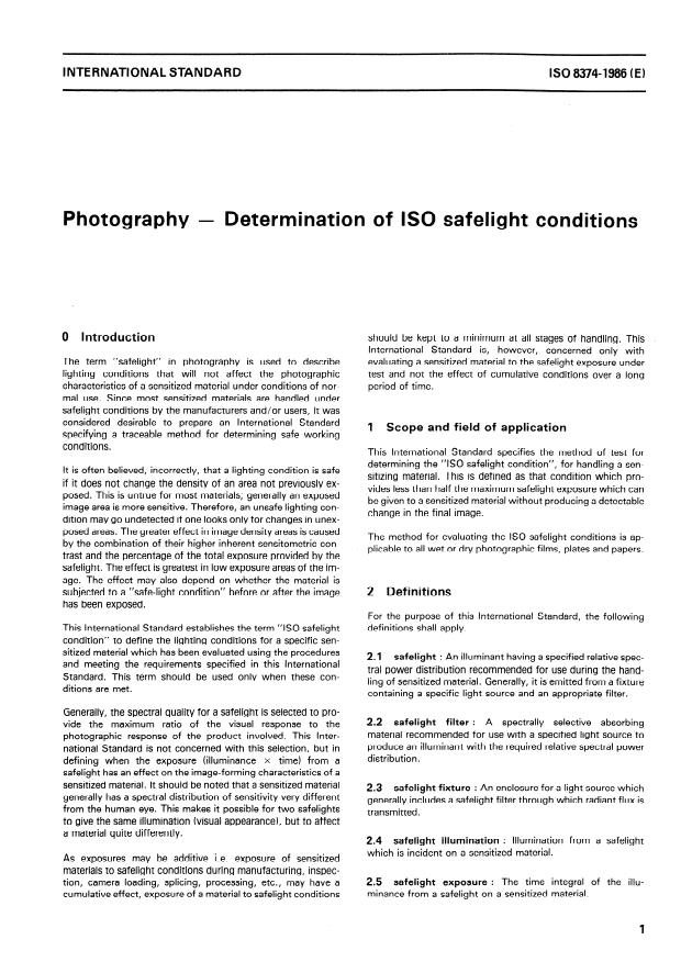 ISO 8374:1986 - Photography -- Determination of ISO safelight conditions