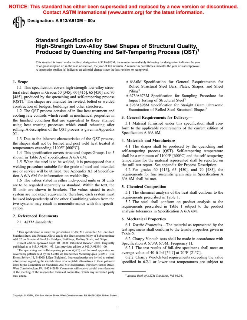 ASTM A913/A913M-00a - Standard Specification for High-Strength Low-Alloy Steel Shapes of Structural Quality, Produced by Quenching and Self-Tempering Process (QST)