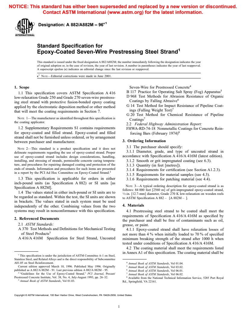 ASTM A882/A882M-96e1 - Standard Specification for Epoxy-Coated Seven-Wire Prestressing Steel Strand