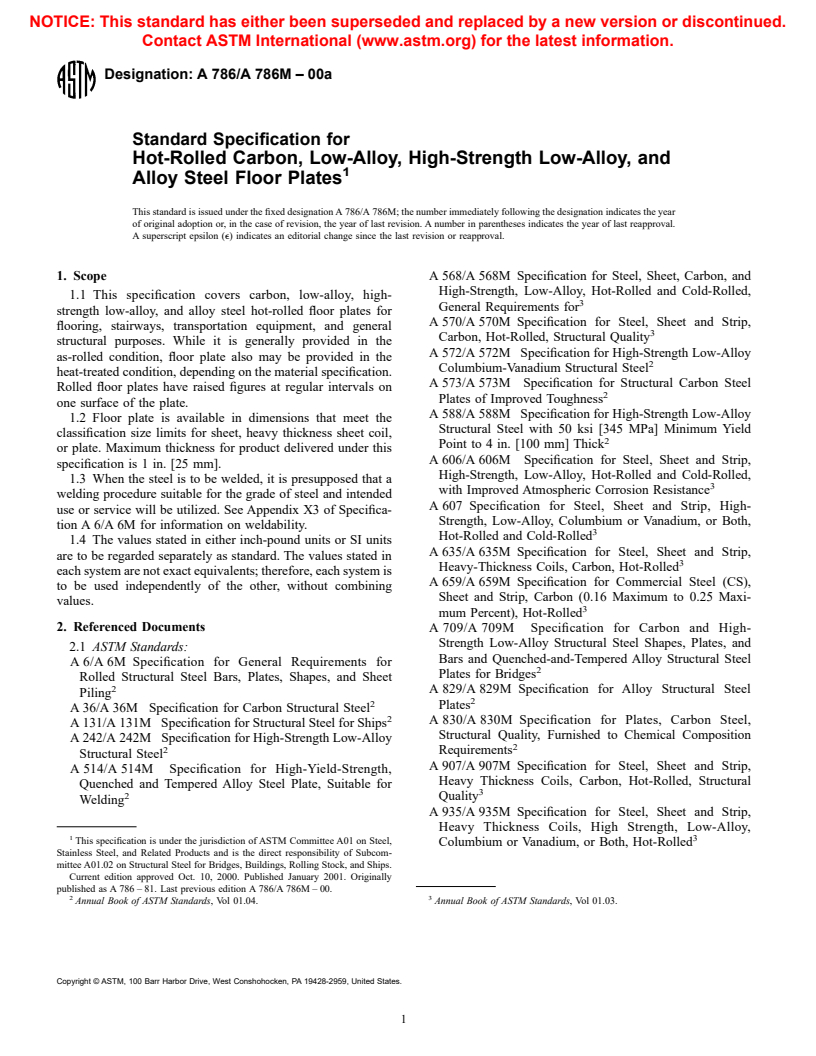 ASTM A786/A786M-00a - Standard Specification for Hot-Rolled Carbon, Low-Alloy, High-Strength Low-Alloy, and Alloy Steel Floor Plates