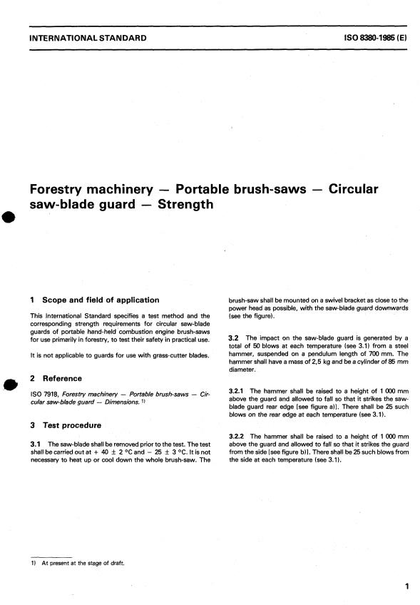 ISO 8380:1985 - Forestry machinery -- Portable brush-saws -- Circular saw-blade guard -- Strength