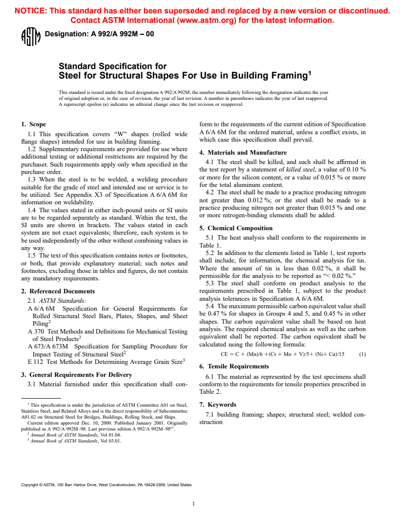 ASTM A992/A992M-00 - Standard Specification for Steel for Structural Shapes For Use in Building Framing