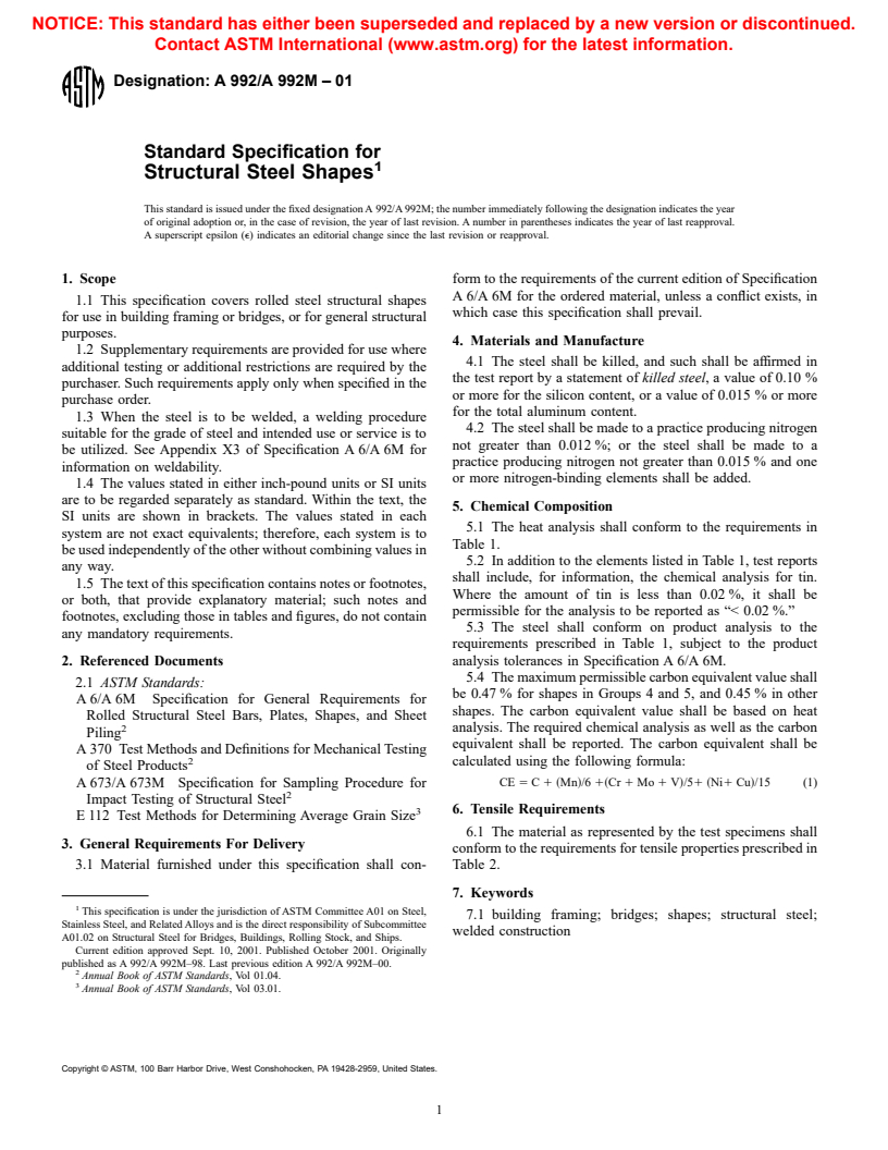 ASTM A992/A992M-01 - Standard Specification for Steel for Structural Shapes For Use in Building Framing