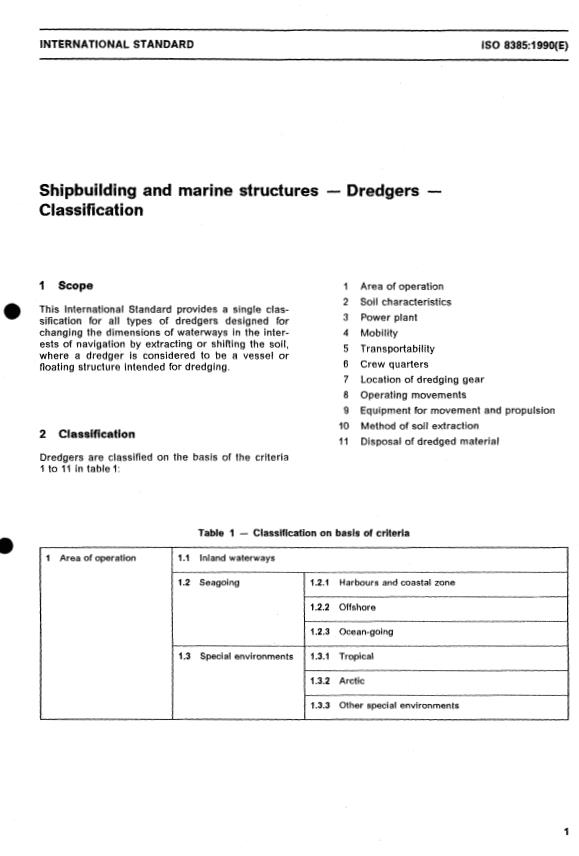 ISO 8385:1990 - Shipbuilding and marine structures -- Dredgers -- Classification