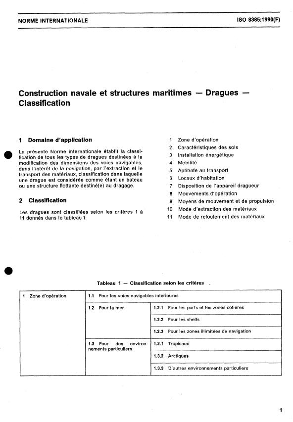 ISO 8385:1990 - Construction navale et structures maritimes -- Dragues -- Classification
