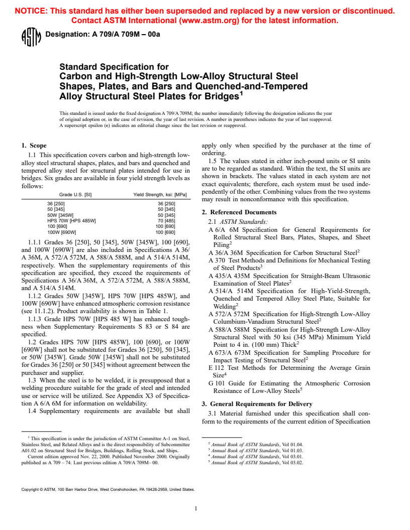 ASTM A709/A709M-00a - Standard Specification for Carbon and High-Strength Low-Alloy Structural Steel Shapes, Plates, and Bars and Quenched-and-Tempered Alloy Structural Steel Plates for Bridges